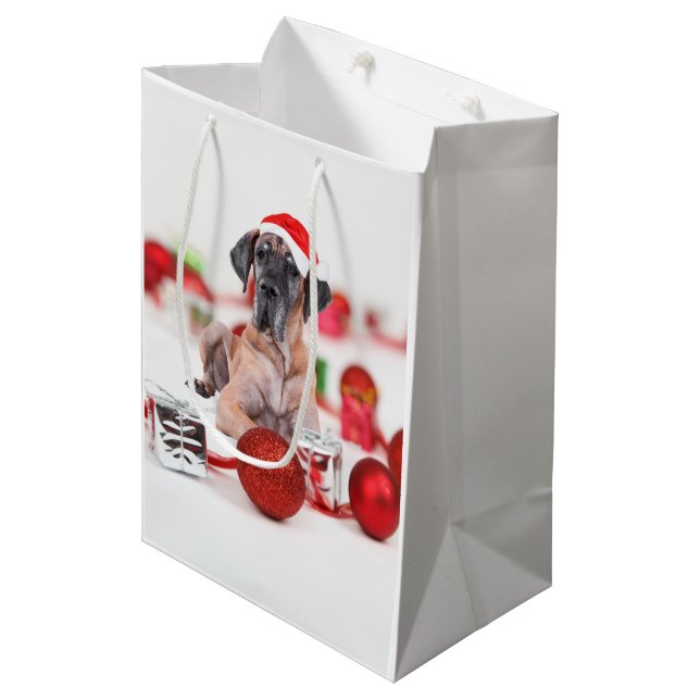 Cute Great Dane Dog Christmas Santa Hat Medium Gift Bag (Front Angled)