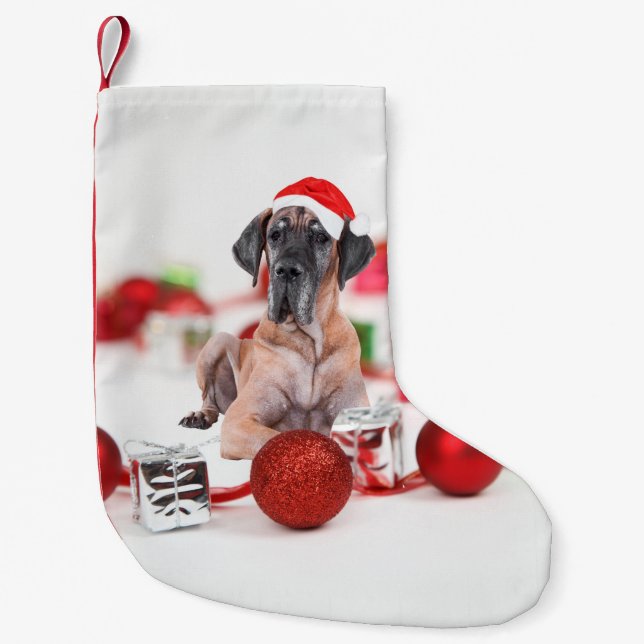 Cute Great Dane Dog Christmas Santa Hat Small Christmas Stocking (Front)