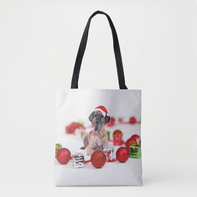 Cute Great Dane Dog Christmas Santa Hat Tote Bag (Front)