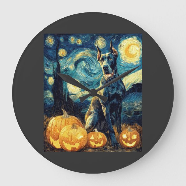 Cute Great Dane Dog Halloween Jack O Lantern Pumpk Large Clock (Front)