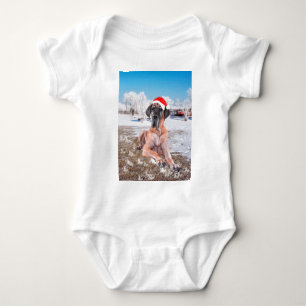 Cute Great Dane Dog Sitting In Snow Christmas Hat Baby Bodysuit