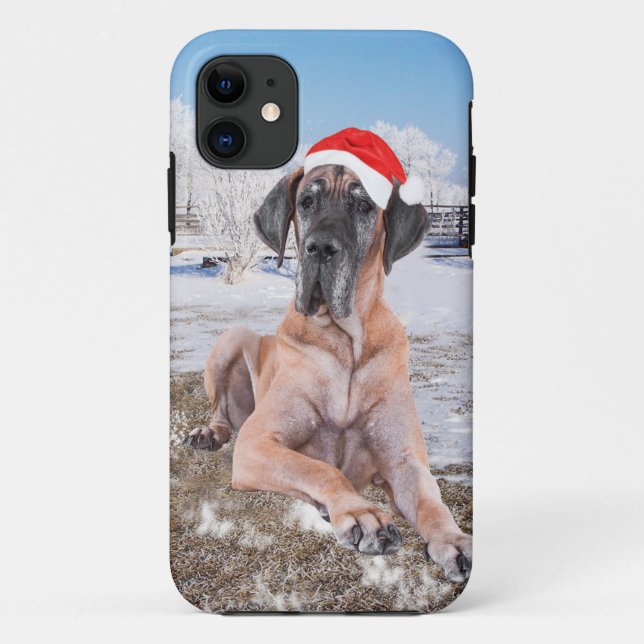 Cute Great Dane Dog Sitting In Snow Christmas Hat Case-Mate iPhone Case (Back)