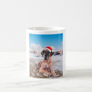Cute Great Dane Dog Sitting In Snow Christmas Hat Coffee Mug
