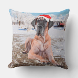 Cute Great Dane Dog Sitting In Snow Christmas Hat Cushion