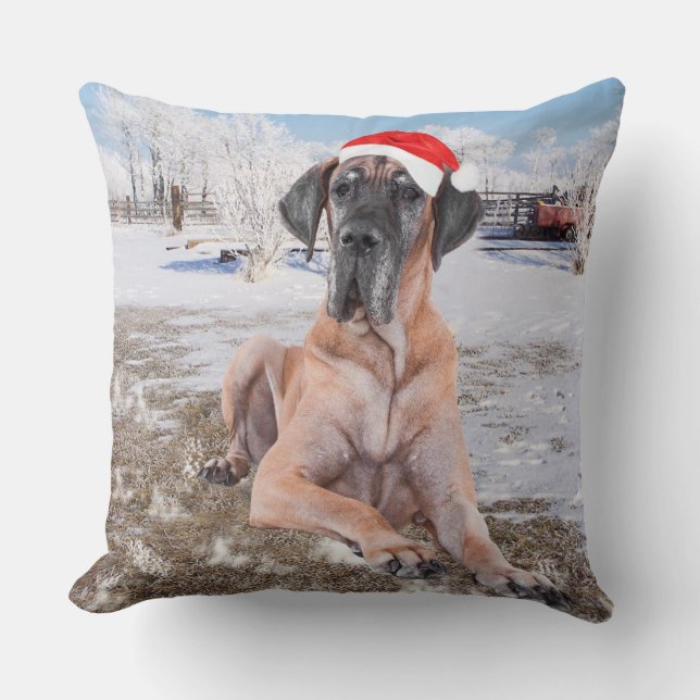 Cute Great Dane Dog Sitting In Snow Christmas Hat Cushion (Front)