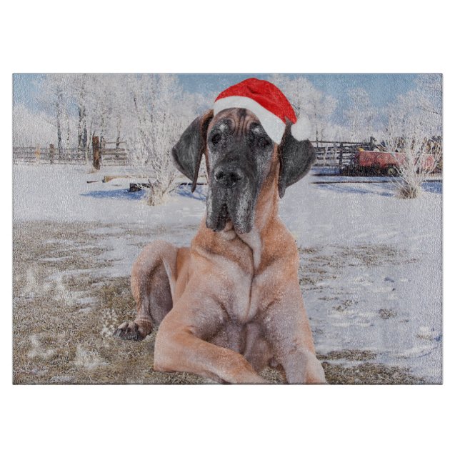 Cute Great Dane Dog Sitting In Snow Christmas Hat Cutting Board (Front)