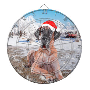 Cute Great Dane Dog Sitting In Snow Christmas Hat Dartboard
