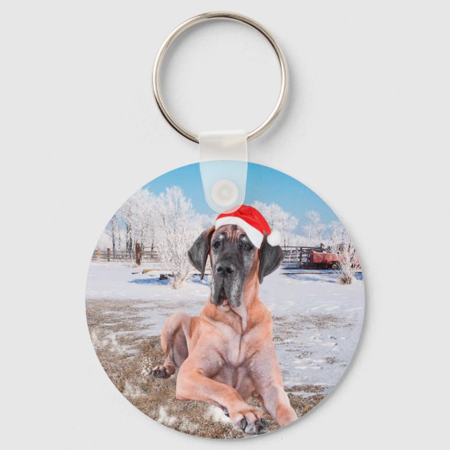 Cute Great Dane Dog Sitting In Snow Christmas Hat Key Ring (Front)