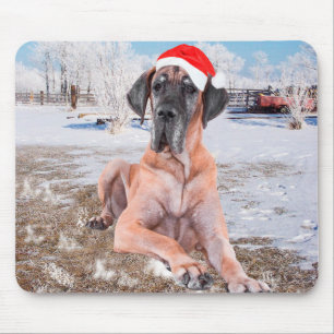 Cute Great Dane Dog Sitting In Snow Christmas Hat Mouse Mat