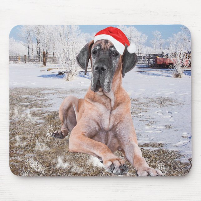 Cute Great Dane Dog Sitting In Snow Christmas Hat Mouse Mat (Front)
