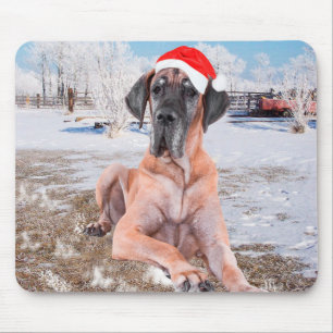 Cute Great Dane Dog Sitting In Snow Christmas Hat Mouse Mat