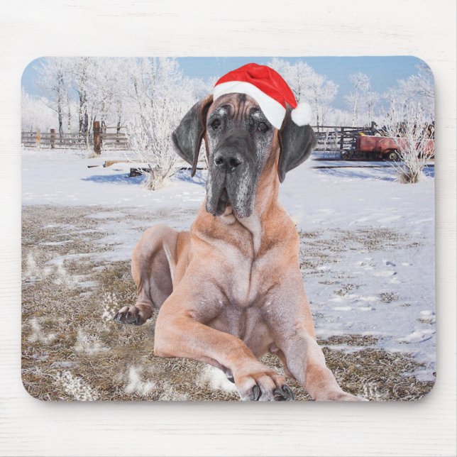 Cute Great Dane Dog Sitting In Snow Christmas Hat Mouse Mat (Front)