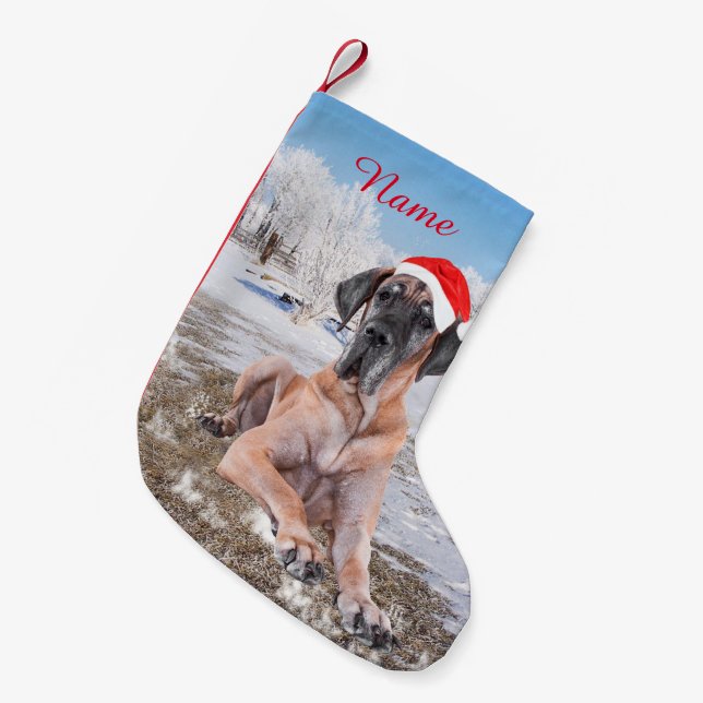 Cute Great Dane Dog Sitting In Snow Christmas Hat Small Christmas Stocking (Front (Hanging))