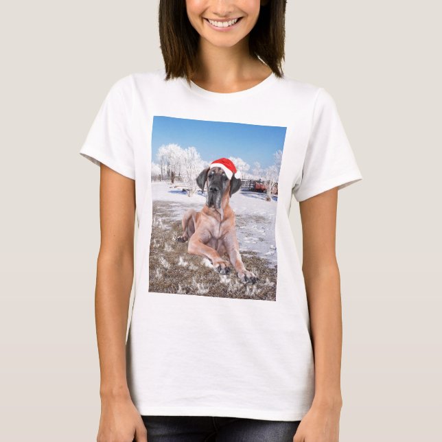 Cute Great Dane Dog Sitting In Snow Christmas Hat T-Shirt (Front)