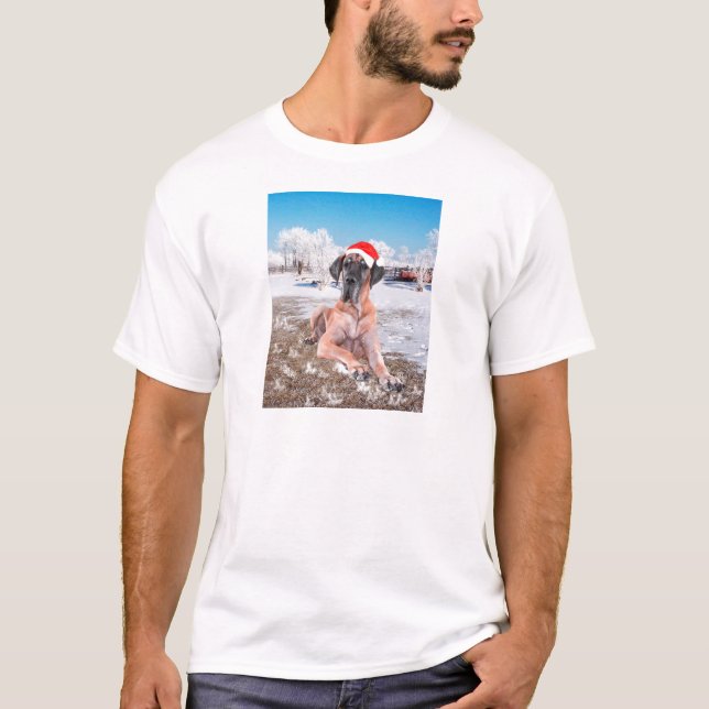 Cute Great Dane Dog Sitting In Snow Christmas Hat T-Shirt (Front)