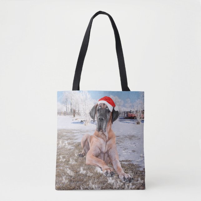 Cute Great Dane Dog Sitting In Snow Christmas Hat Tote Bag (Front)