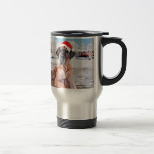Cute Great Dane Dog Sitting In Snow Christmas Hat Travel Mug