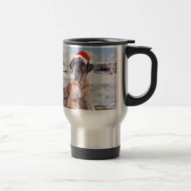 Cute Great Dane Dog Sitting In Snow Christmas Hat Travel Mug (Right)