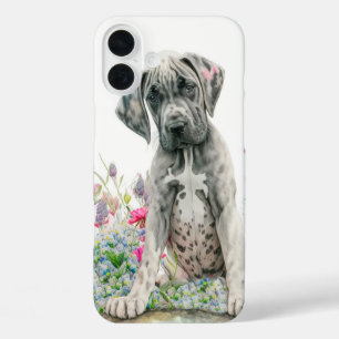 CUTE GREAT DANE PUPPY DOG IN WILDFLOWERS iPhone 16 PLUS CASE