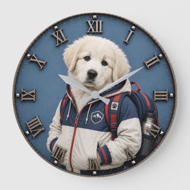 Cute Great Pyrenees Puppy Large Clock (Front)