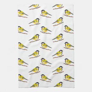 Cute Great Tit Bird Pattern Illustration Tea Towel