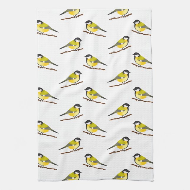 Cute Great Tit Bird Pattern Illustration Tea Towel (Vertical)