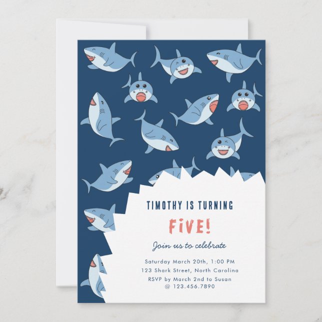 Cute Great White Sharks Ocean Birthday Party Invitation (Front)
