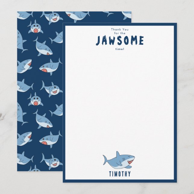 Cute Great White Sharks Ocean Birthday Party Thank You Card (Front/Back)