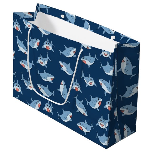 Cute Great White Sharks Ocean Pattern Large Gift Bag (Front Angled)
