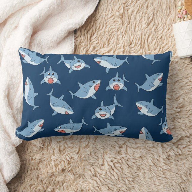 Cute Great White Sharks Ocean Pattern Lumbar Cushion (Blanket)