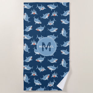 Cute Great White Sharks Ocean Pattern Monogram Beach Towel
