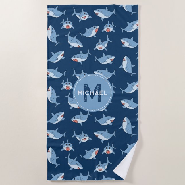 Cute Great White Sharks Ocean Pattern Monogram Beach Towel (Front)