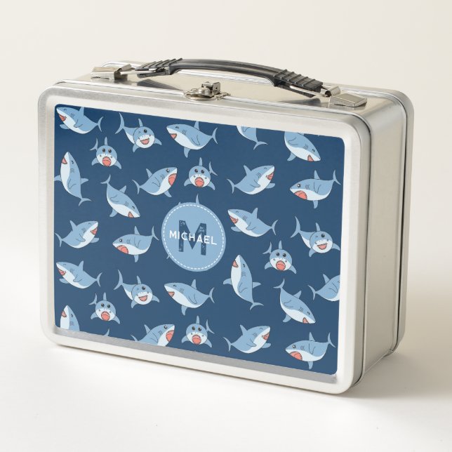 Cute Great White Sharks Ocean Pattern Monogram Metal Lunch Box (Front)