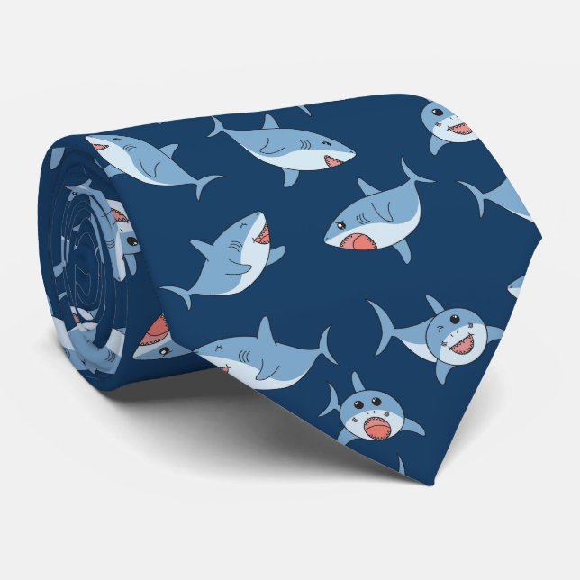 Cute Great White Sharks Ocean Pattern Tie (Rolled)