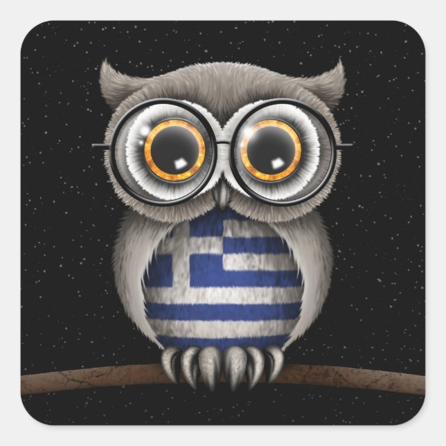 Cute Greek Flag Owl Wearing Glasses Square Sticker (Front)