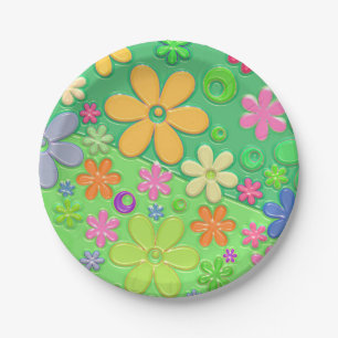Cute Green 60s Flowers Paper Plates
