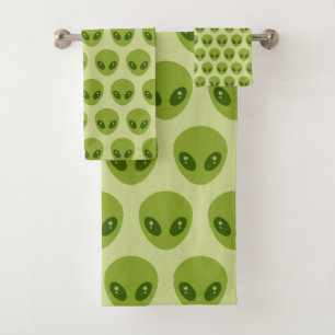 Cute Green Alien Heads Pattern Bath Towel Set