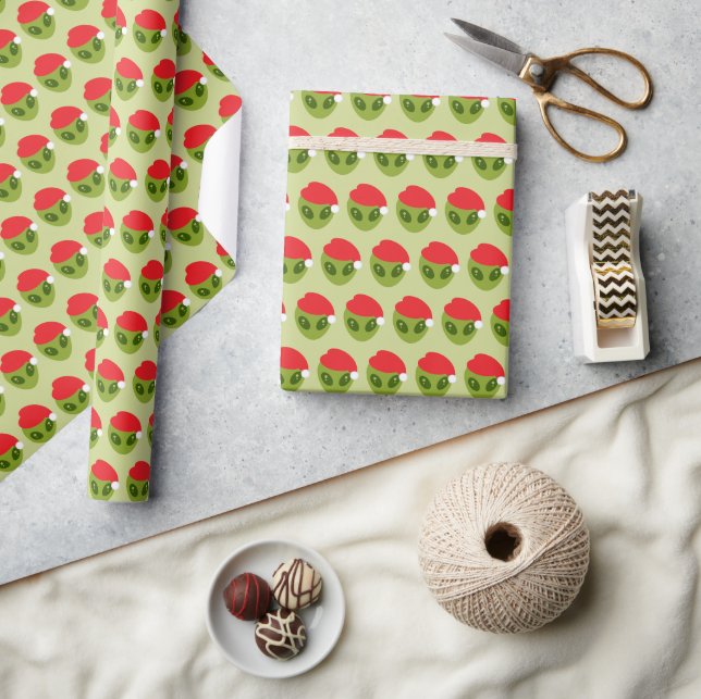 Cute Green Alien in Santa Hat Pattern Wrapping Paper (Crafts)