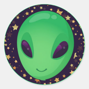 Cute Green Alien On Gold Stars Fun Classic Round Sticker