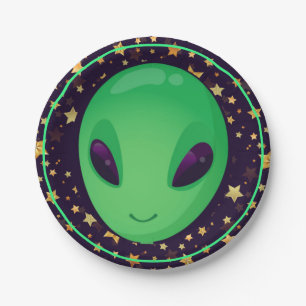 Cute Green Alien On Gold Stars Fun Paper Plate