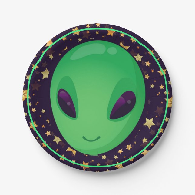 Cute Green Alien On Gold Stars Fun Paper Plate (Front)