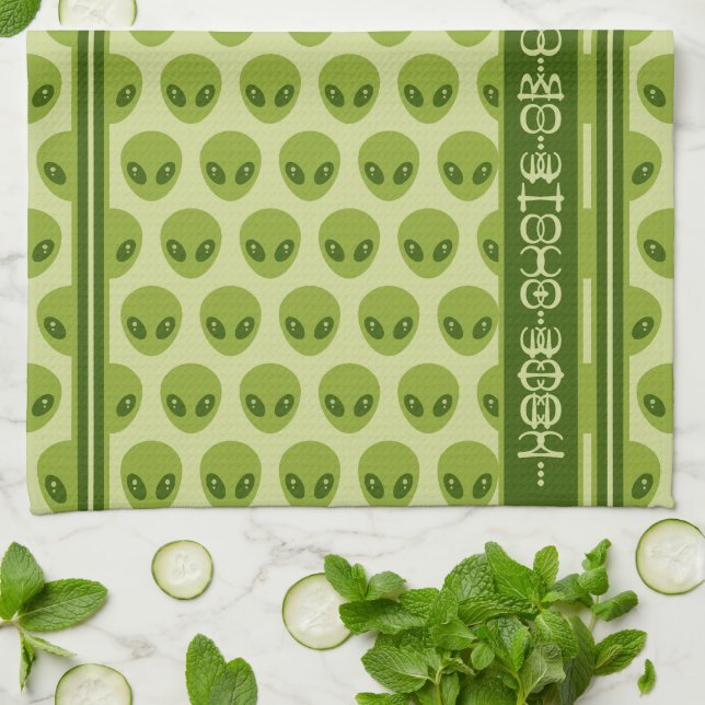 Cute Green Alien Pattern with Your Name in Glyphs Tea Towel (Folded)