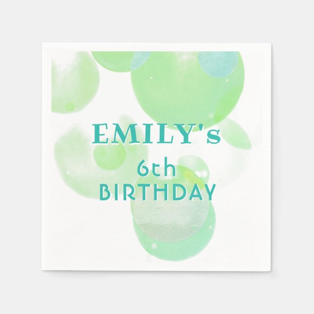Cute Green and Blue Bubbles Birthday Party Napkin (Front)