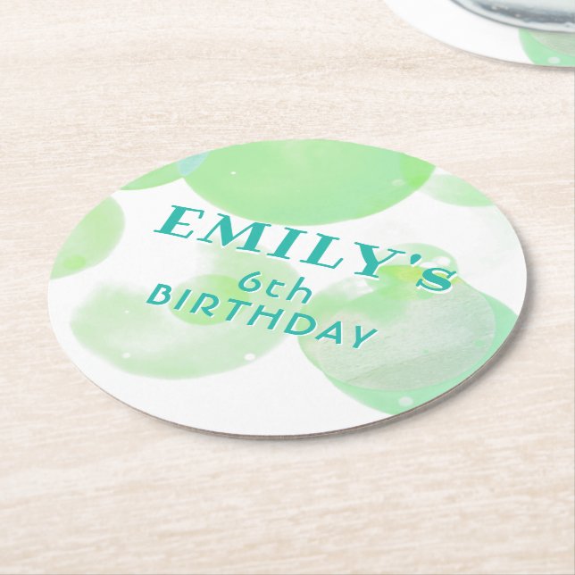 Cute Green and Blue Bubbles Birthday Party Round Paper Coaster (Angled)
