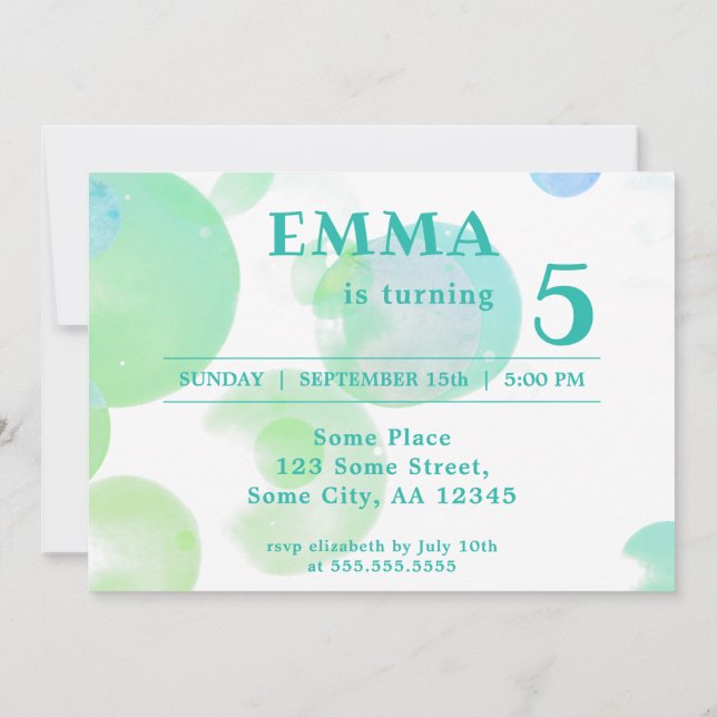 Cute Green and Blue Bubbles Kids Birthday Party Invitation (Back)