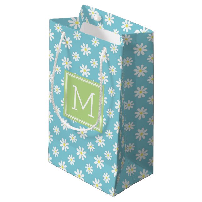 Cute Green and Blue Daisies Pattern Personalised Small Gift Bag (Front Angled)
