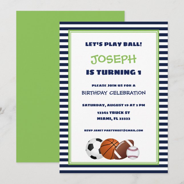 Cute Green and Blue Sports Striped Birthday Invitation (Front/Back)