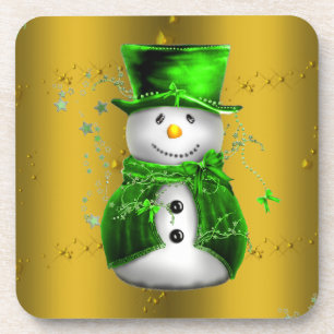 Cute Green and Gold Snowman Christmas Coaster