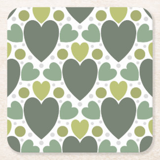 Cute green and grey modern trendy heart and dot square paper coaster