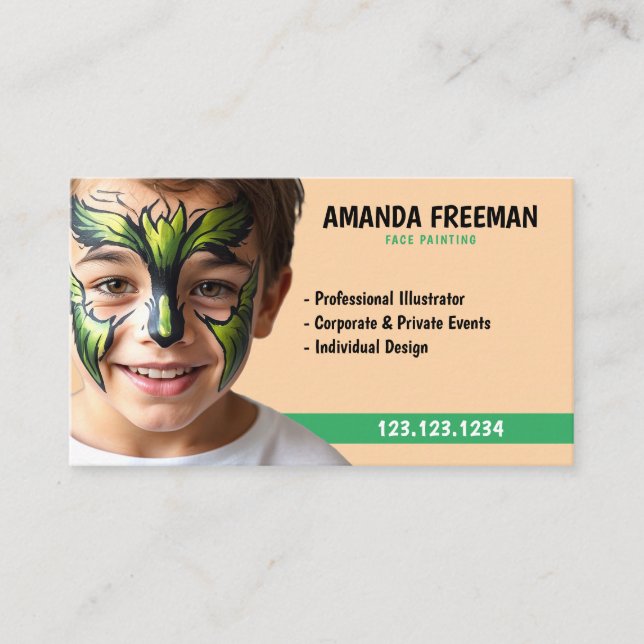 Cute Green and Orange Party Face Painting Business Card (Front)